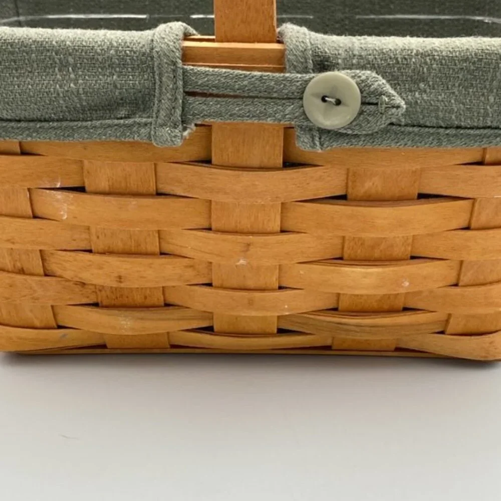 Longaberger Basket Rectangle 2002 Green Fabric & Plastic Liners Handmade USA